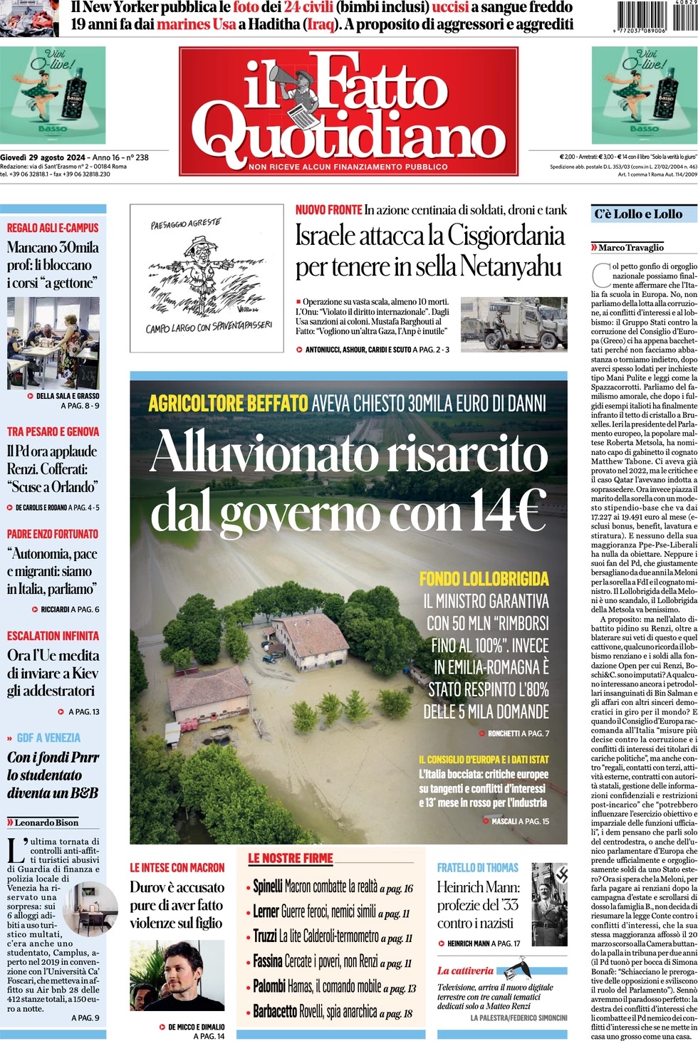 Prima Pagina “Il Fatto Quotidiano”