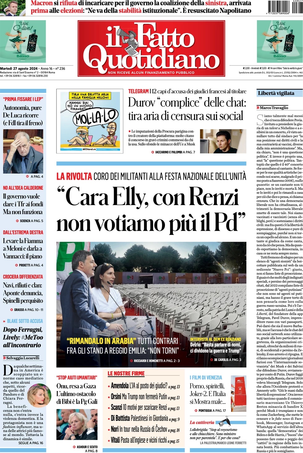 Prima Pagina “Il Fatto Quotidiano”