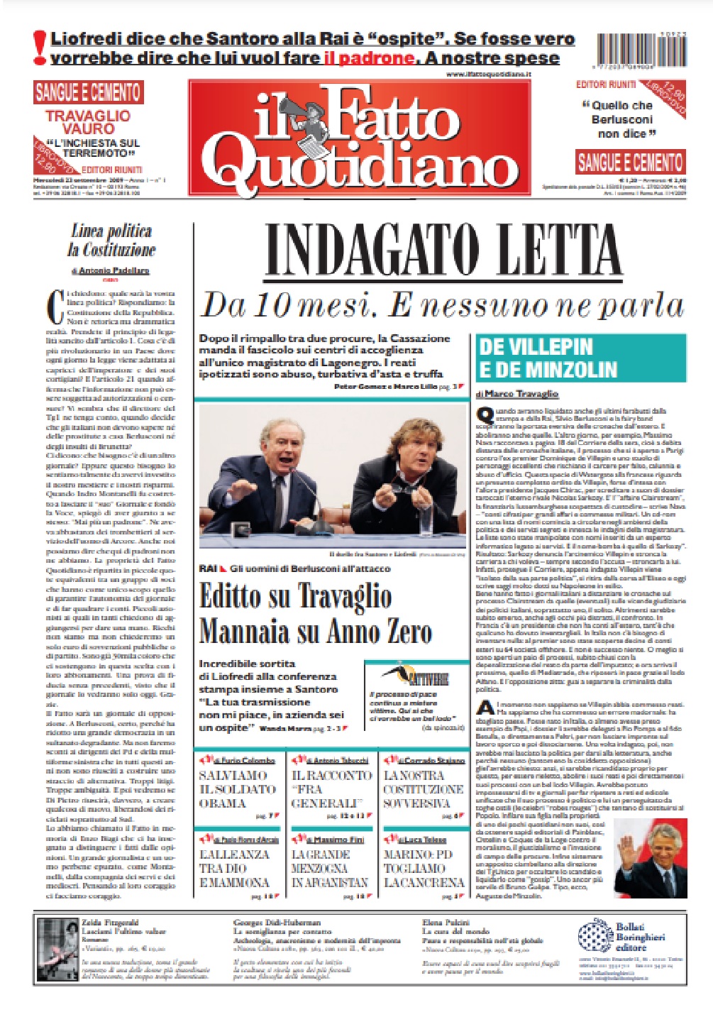 Il Fatto Quotidiano N°1 – Prima pagina: 23-09-2009